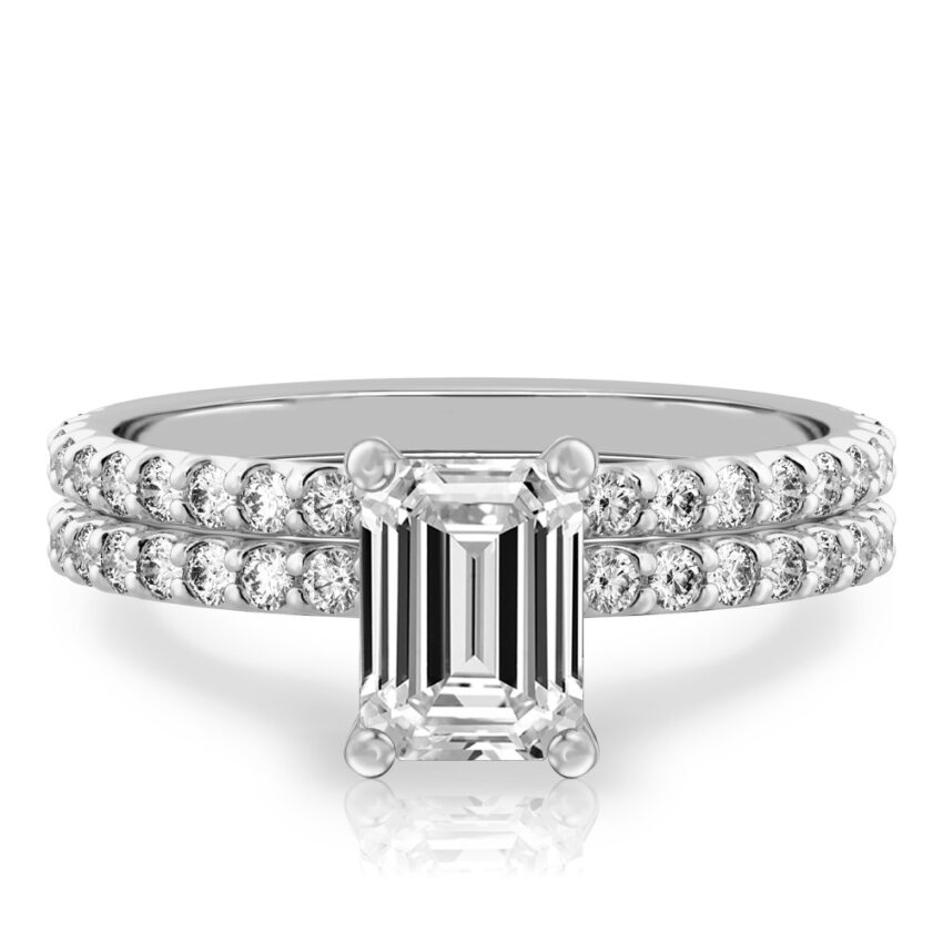 emerald cut diamond french cut basket setting set white gold