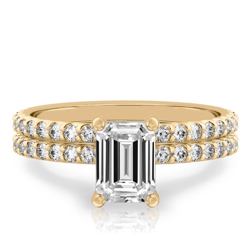 emerald cut diamond french cut basket setting set yellow gold