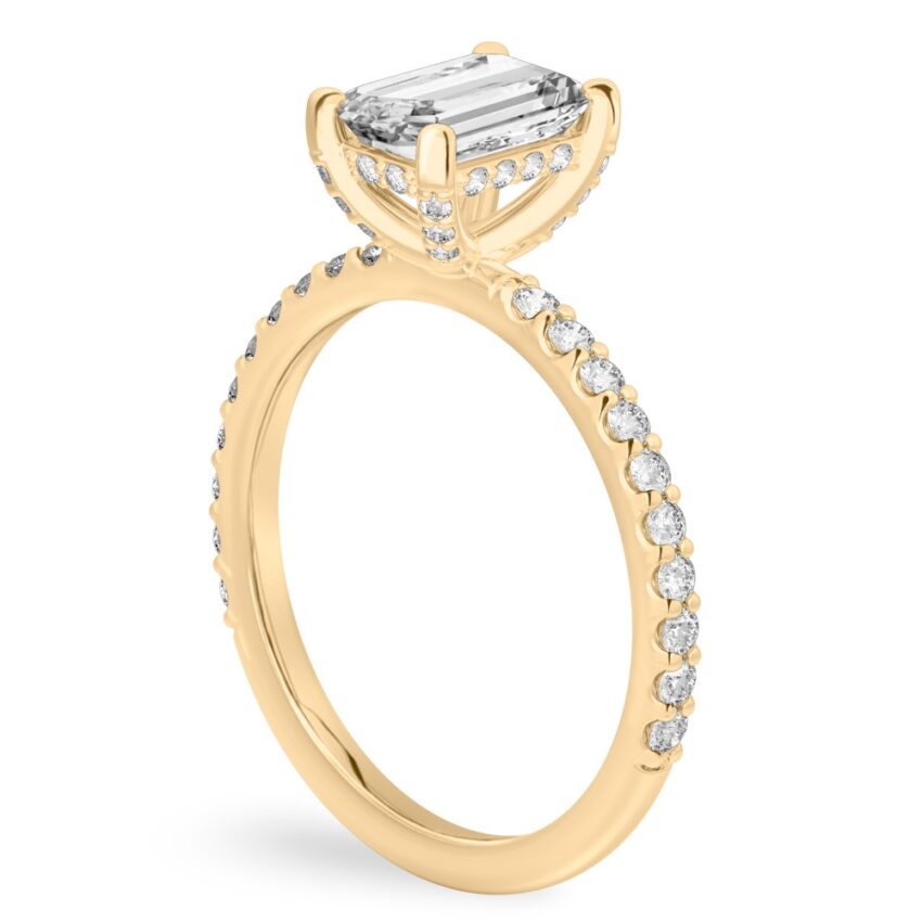 emerald cut diamond french cut basket setting yellow gold angle