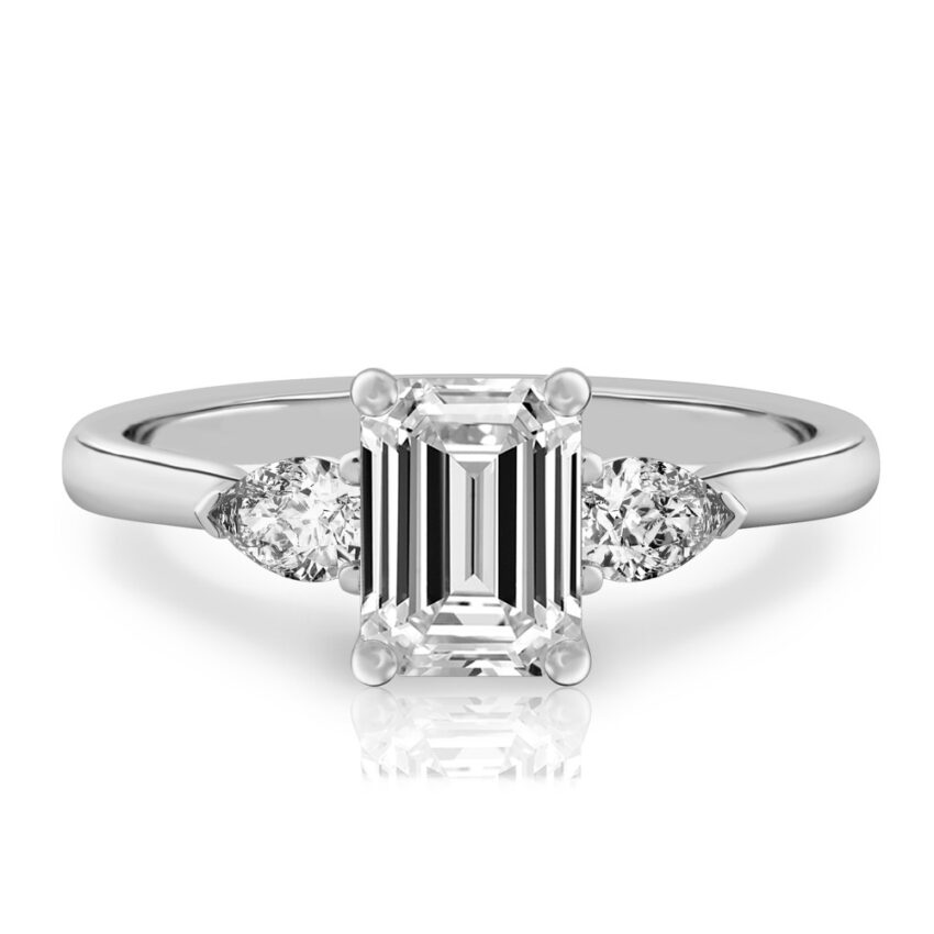 emerald cut diamond pear side stone engagement ring palladium