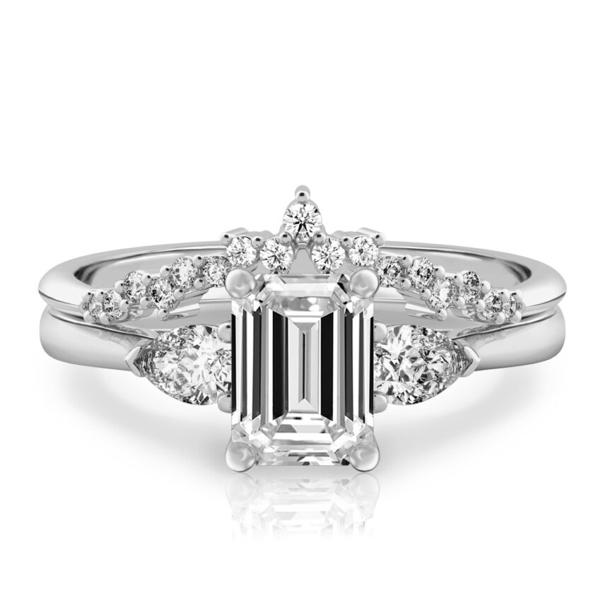 emerald cut diamond pear side stone engagement ring set palladium
