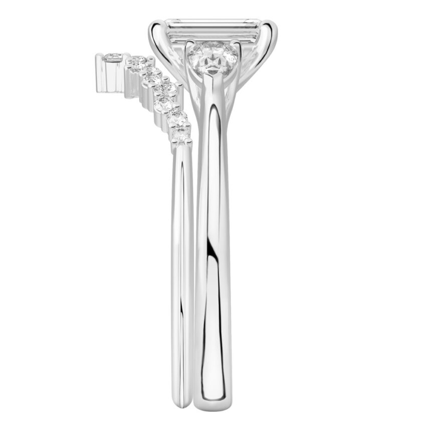 emerald cut diamond pear side stone engagement ring set palladium side