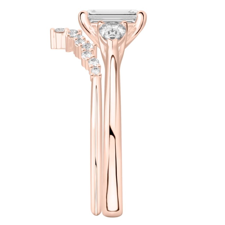 emerald cut diamond pear side stone engagement ring set rose gold side