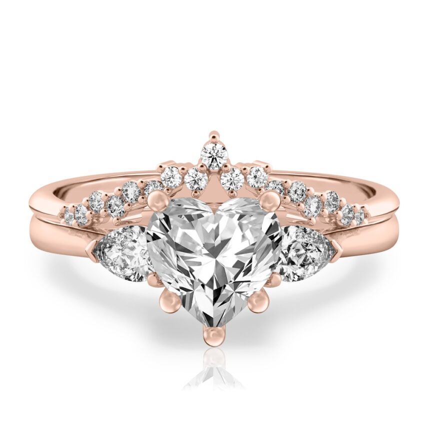 heart shape diamond pear side stone engagement ring set rose gold