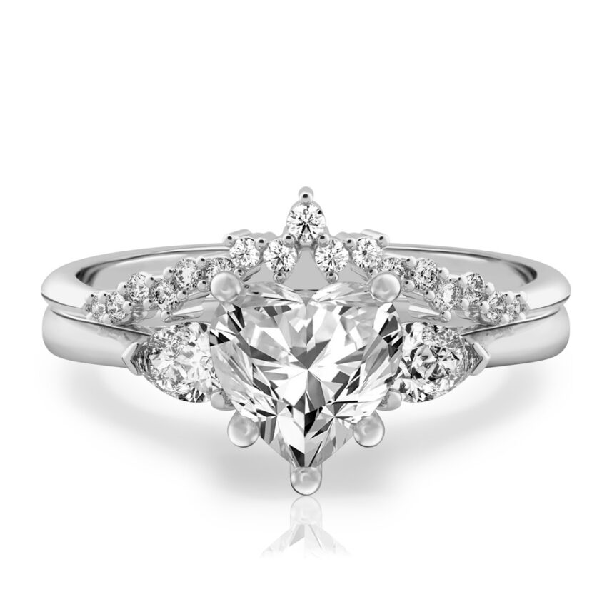 heart shape diamond pear side stone engagement ring set white gold