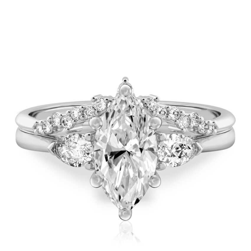 marquise cut diamond pear side stone engagement ring set white gold