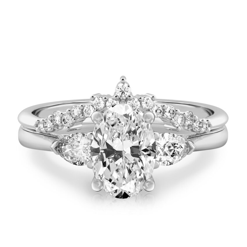 oval shape diamond pear side stone engagement ring set palladium