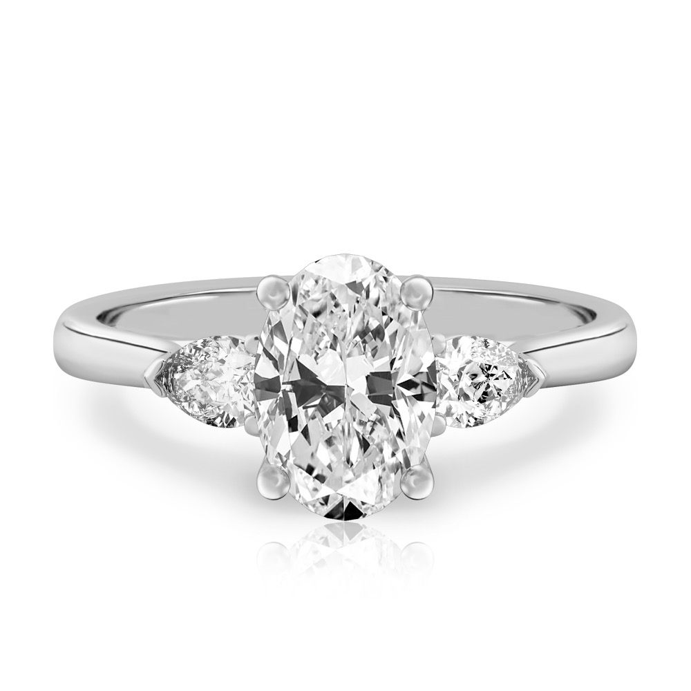 oval shape diamond pear side stone engagement ring white gold