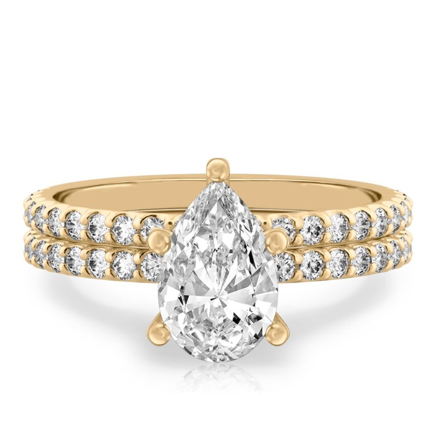 pear shape diamond french cut basket setting set yellow gold