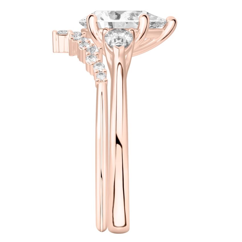 pear shape diamond pear side stone engagement ring set rose gold side