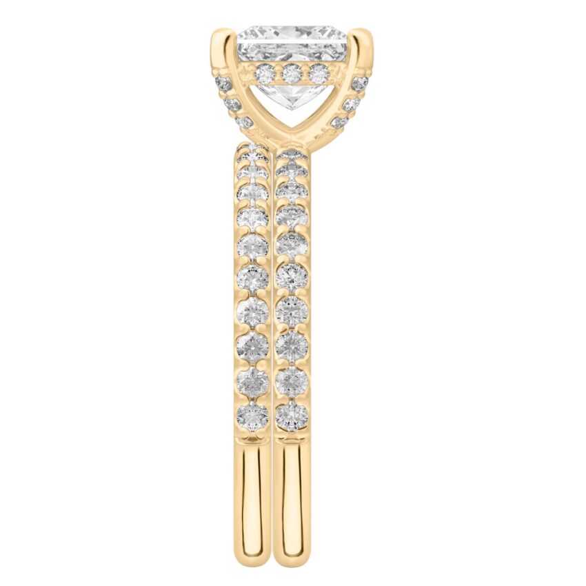 princess cut diamond french cut basket setting set yellow gold side