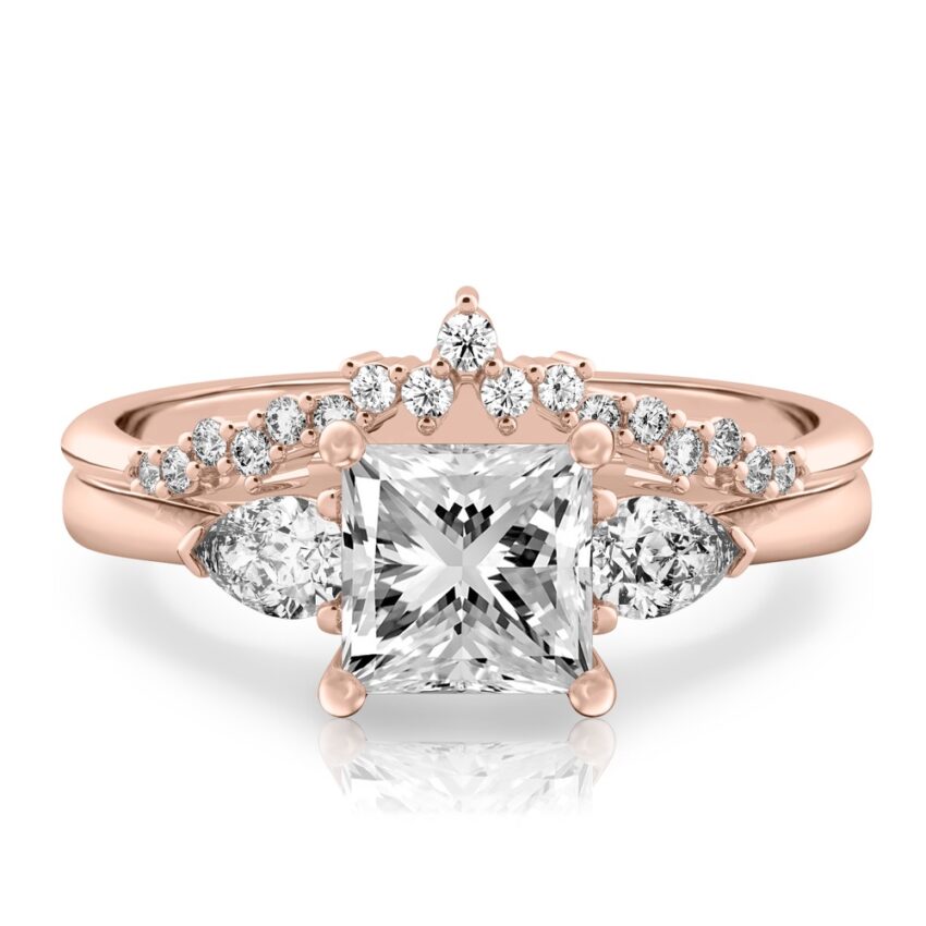 princess cut diamond pear side stone engagement ring set rose gold