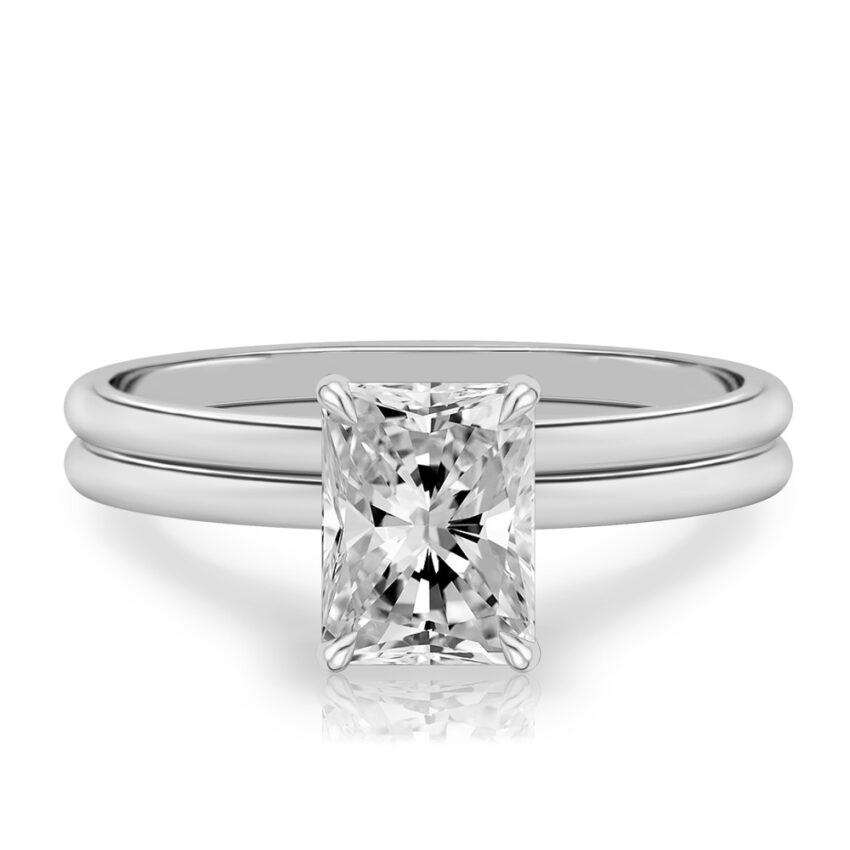 radiant cut diamond delicate solitaire engagement ring in set platinum