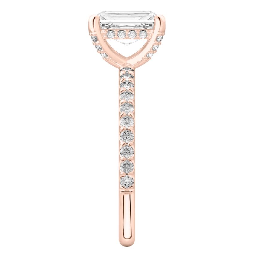 radiant cut diamond french cut basket setting rose gold side