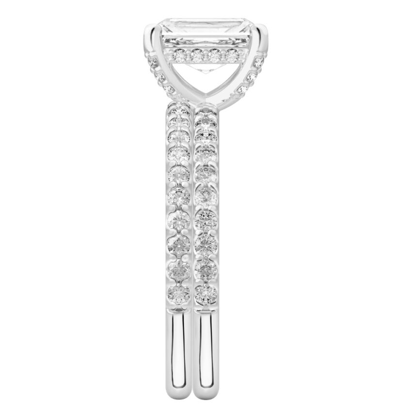 radiant cut diamond french cut basket setting set platinum side