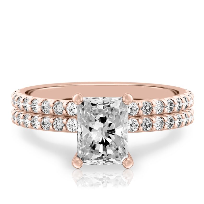 radiant cut diamond french cut basket setting set rose gold