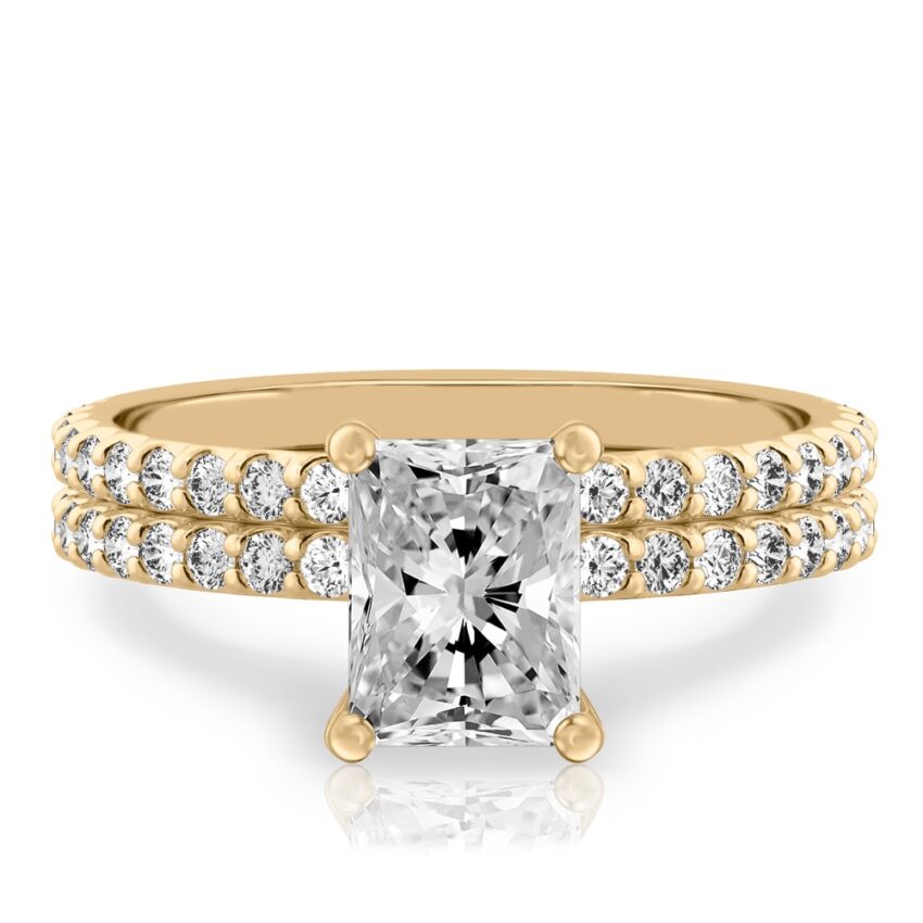radiant cut diamond french cut basket setting set yellow gold
