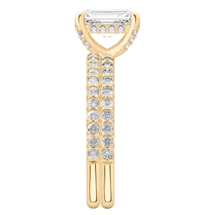 radiant cut diamond french cut basket setting set yellow gold side