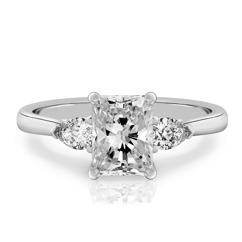 radiant cut diamond pear side stone engagement ring platinum