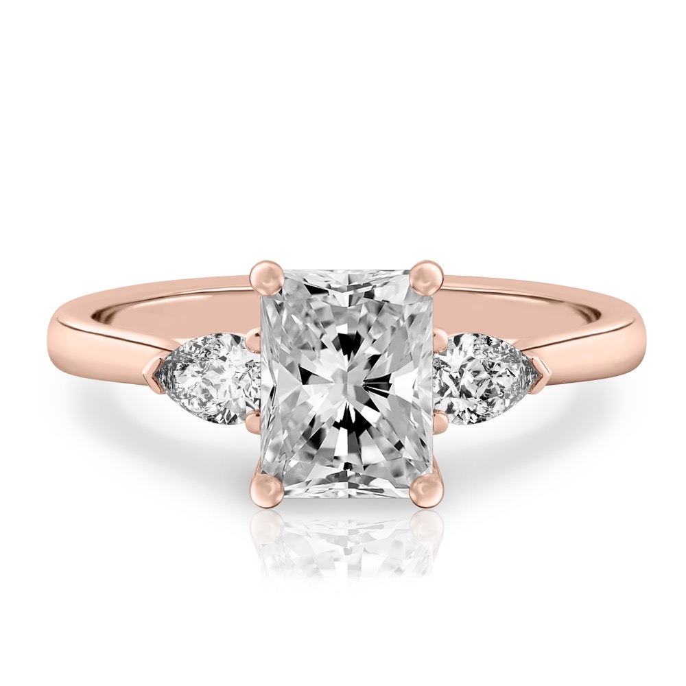 radiant cut diamond pear side stone engagement ring rose gold