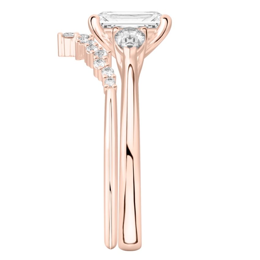 radiant cut diamond pear side stone engagement ring set rose gold side