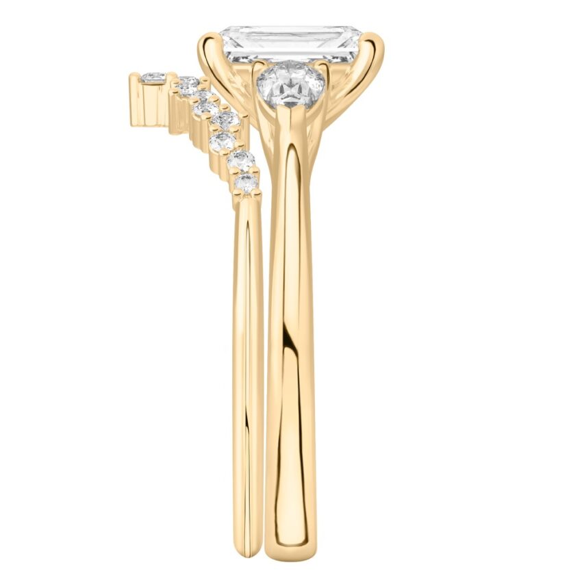 radiant cut diamond pear side stone engagement ring set yellow gold side