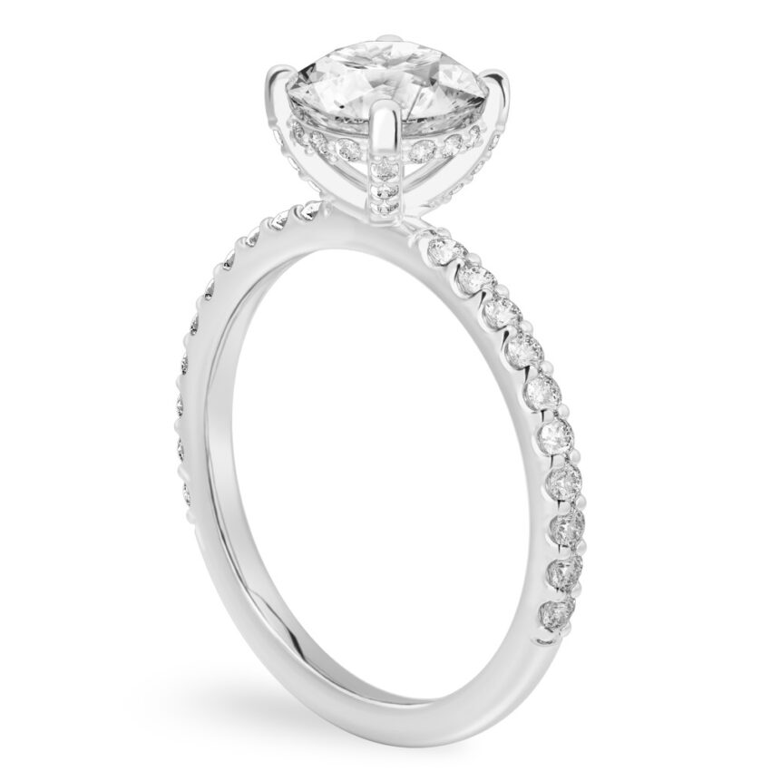 round cut diamond french cut basket setting white gold angle