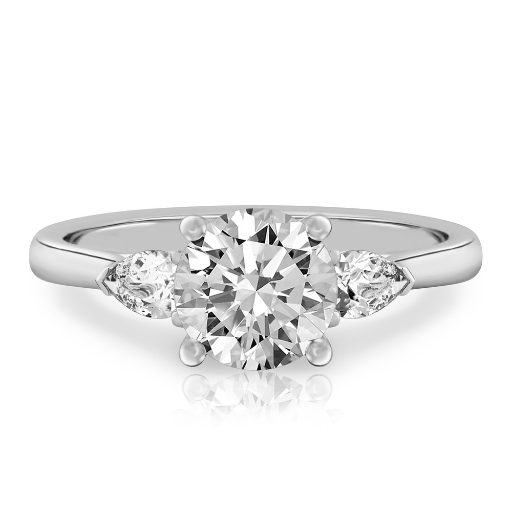 round cut diamond pear side stone engagement ring palladium