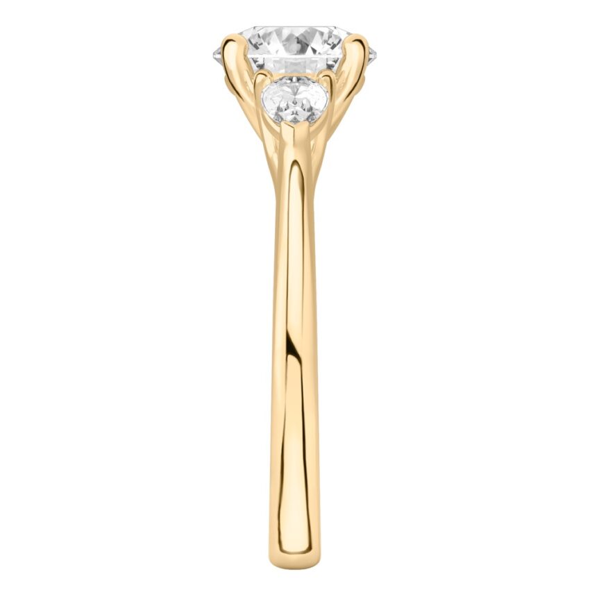 round cut diamond pear side stone engagement ring yellow gold Side