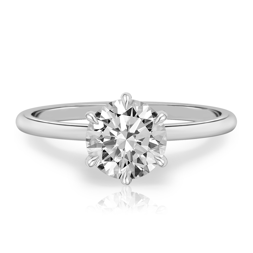 round cut diamond six prong delicate solitaire engagement ring palladium