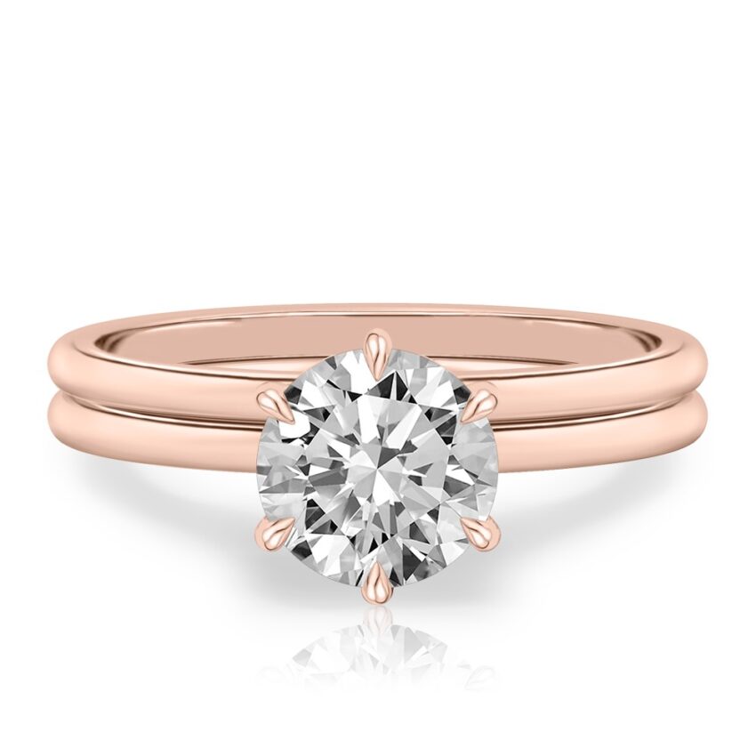 round cut diamond six prong delicate solitaire engagement ring set rose gold