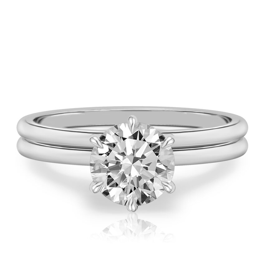 round cut diamond six prong delicate solitaire engagement ring set white gold