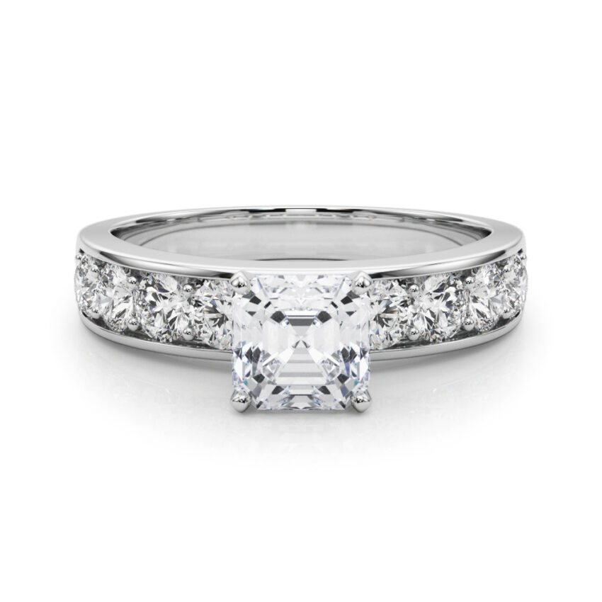 asscher cut diamond channel setting engagement ring palladium