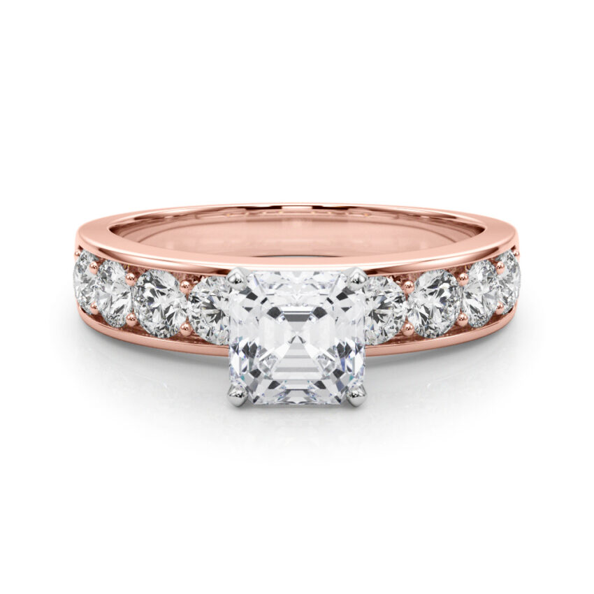 asscher cut diamond channel setting engagement ring rose gold