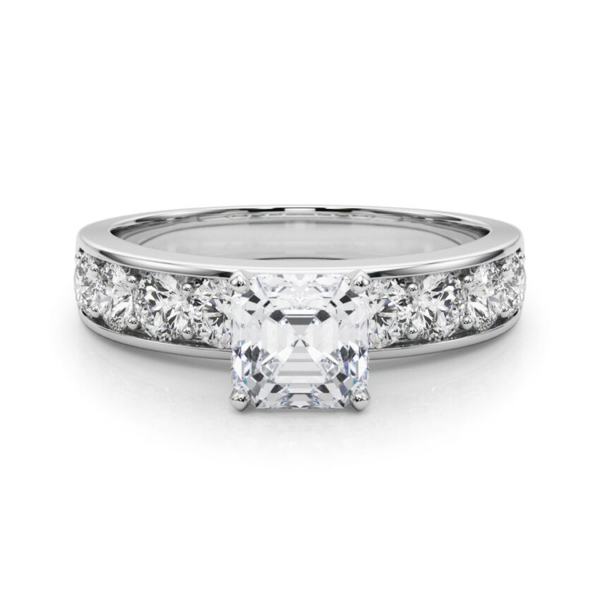 asscher cut diamond channel setting engagement ring white gold