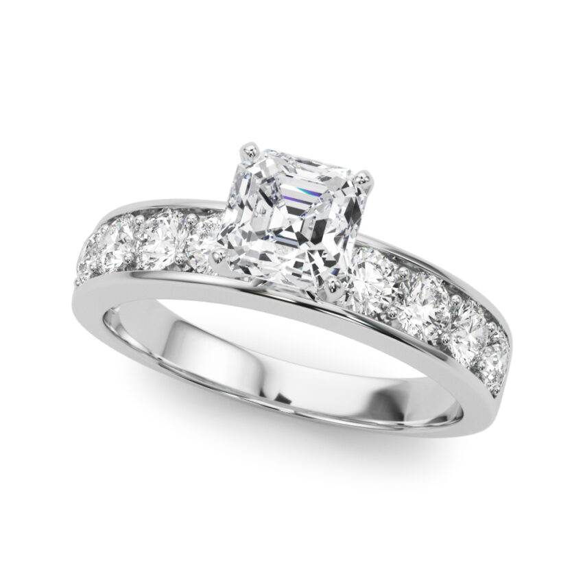 asscher cut diamond channel setting engagement ring white gold angle