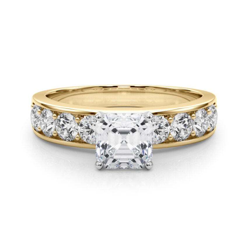 asscher cut diamond channel setting engagement ring yellow gold