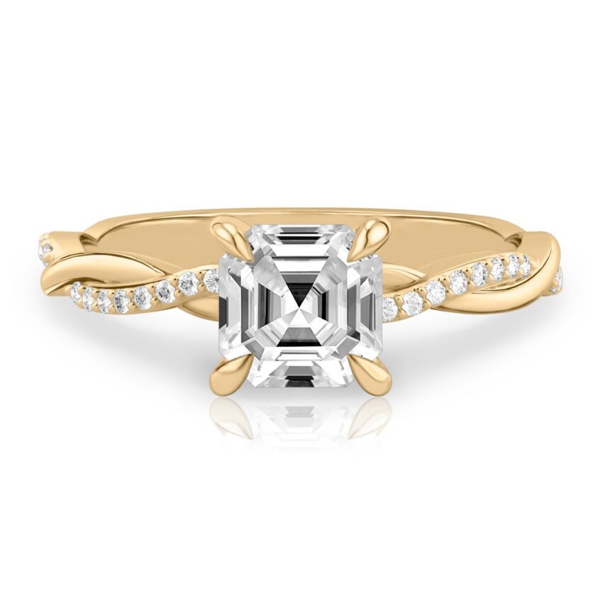 asscher cut diamond intertwined engagement ring yellow gold