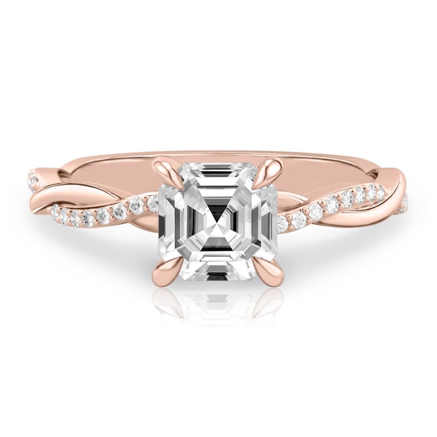 asscher cut diamond twist engagement ring rose gold