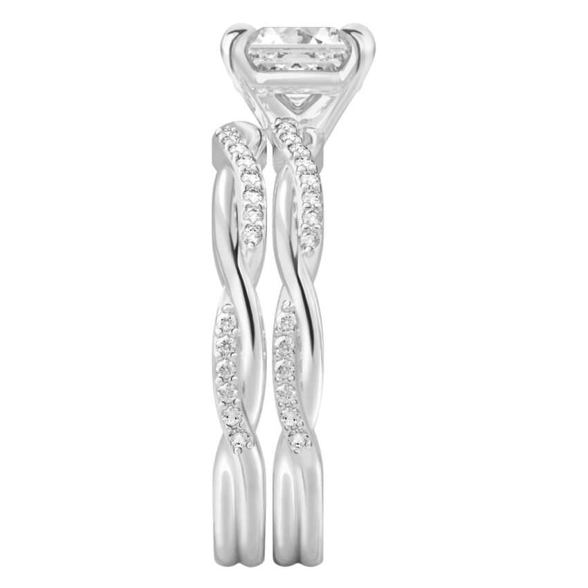 asscher cut diamond twist engagement ring set platinum side