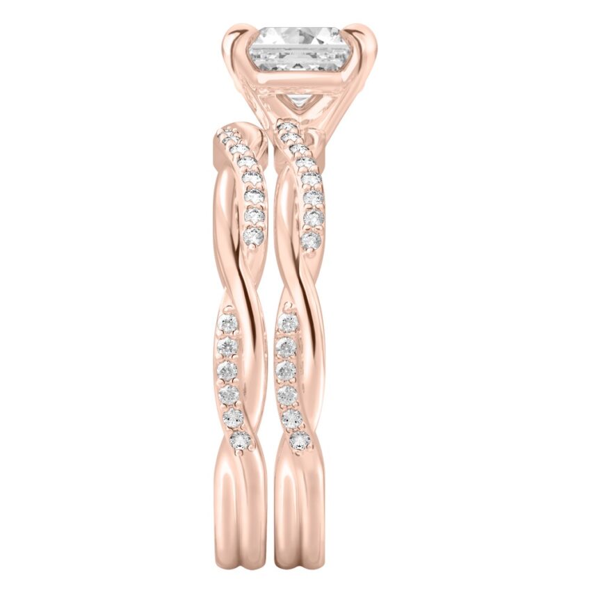 asscher cut diamond twist engagement ring set rose gold side