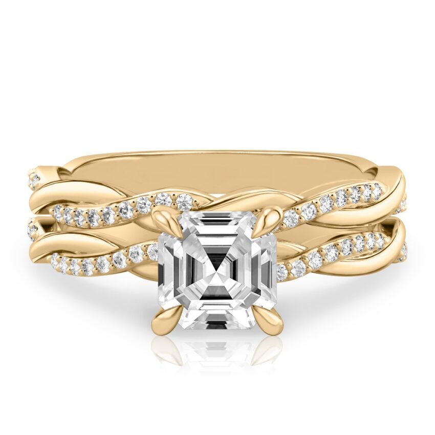 asscher cut diamond twist engagement ring set yellow gold