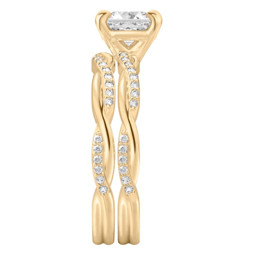 asscher cut diamond twist engagement ring set yellow gold side