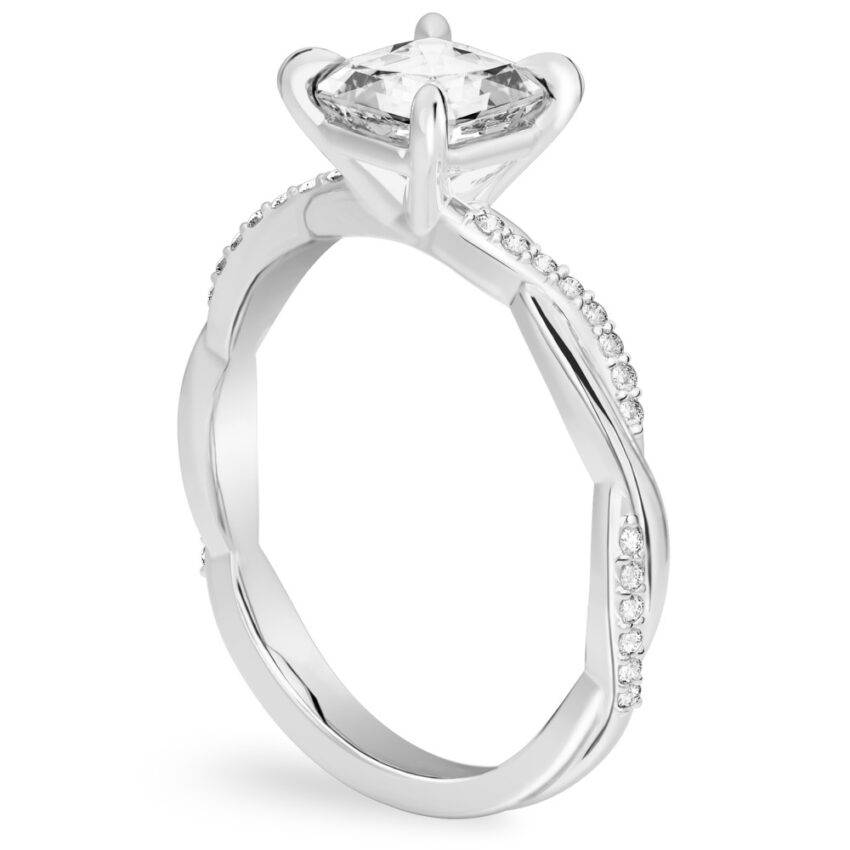 asscher cut diamond twist engagement ring white gold angle