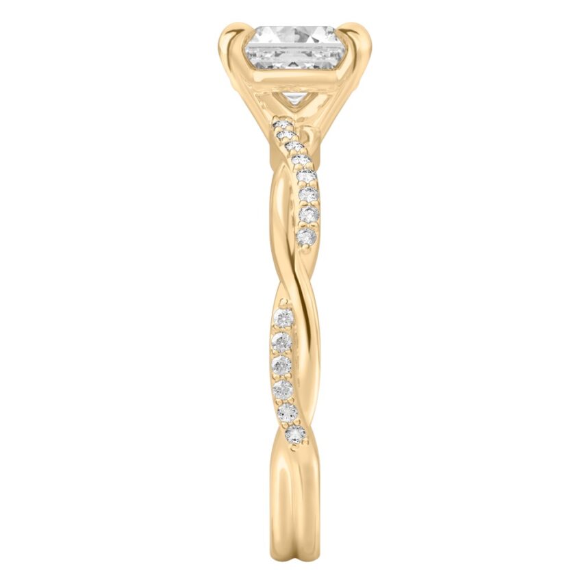 asscher cut diamond twist engagement ring yellow gold side
