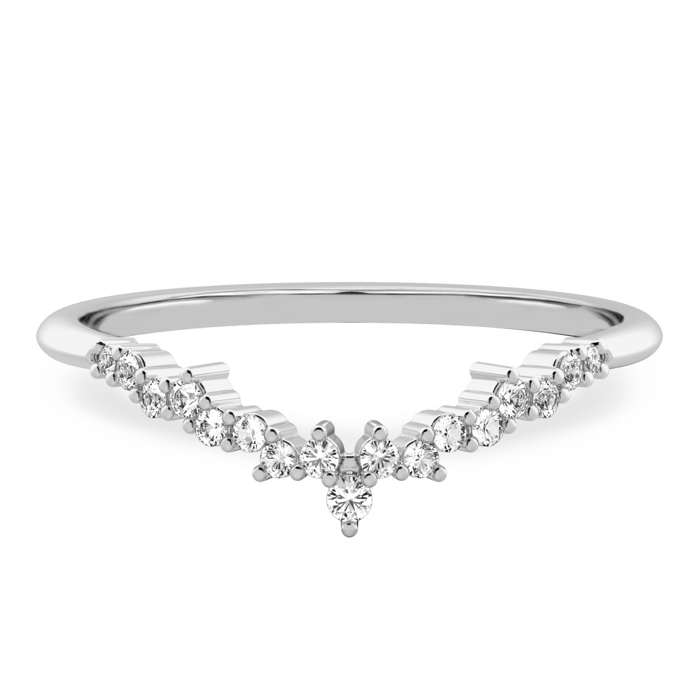 scattered diamonds across curved chevron wedding band in platinum