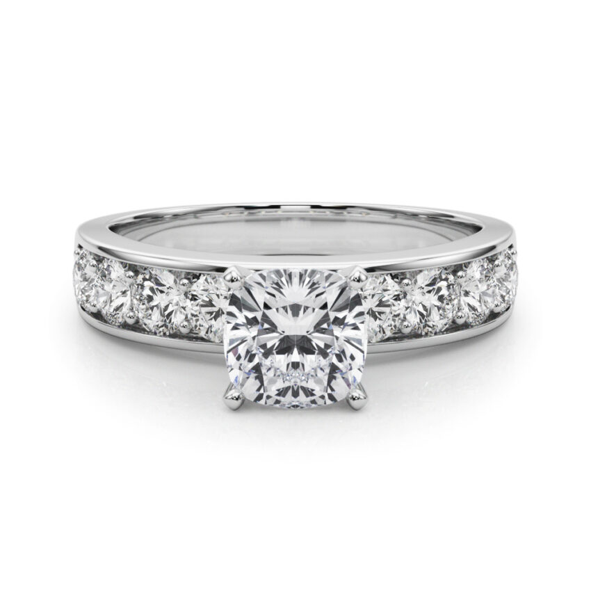 cushion cut diamond channel setting engagement ring palladium