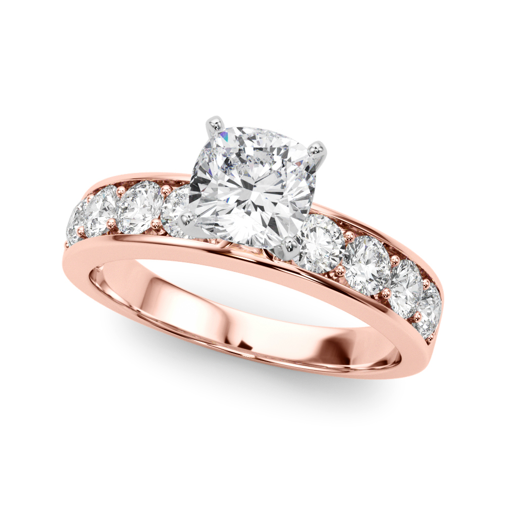 cushion cut diamond channel setting engagement ring rose gold angle