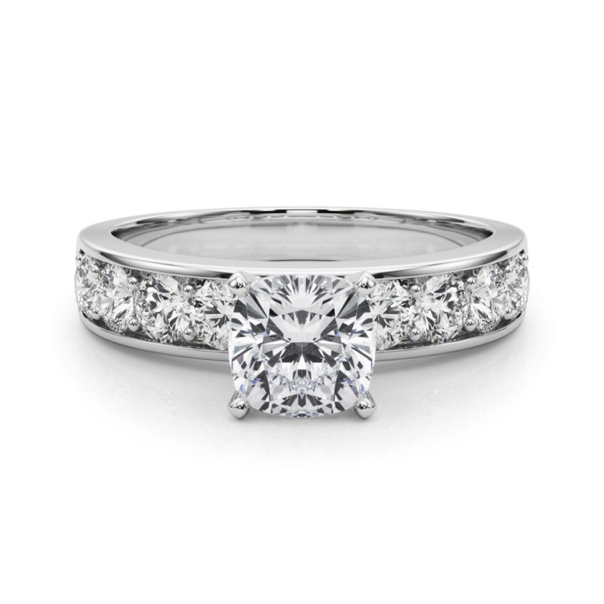 cushion cut diamond channel setting engagement ring white gold