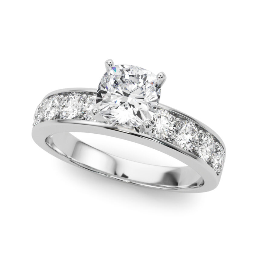 cushion cut diamond channel setting engagement ring white gold angle